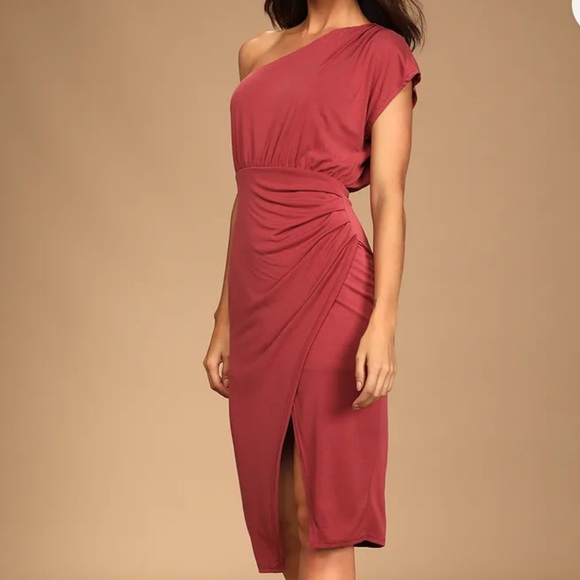 Lulus Raise A Glass Rusty Rose One-shoulder Midi Dress Red - Size S - Picture 2 of 7